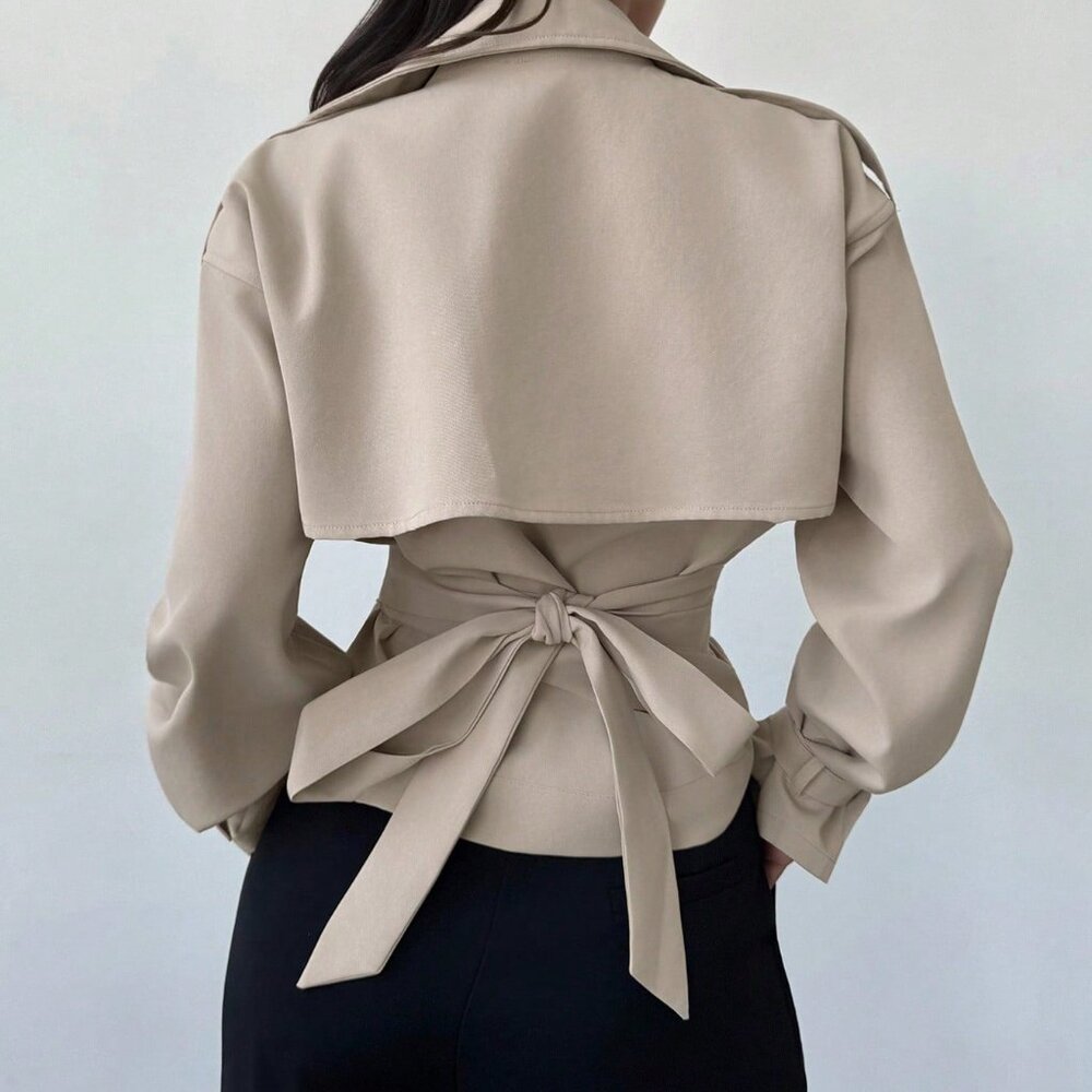 Mocha Brown Casual Women's Elegant Lapel Neck Short Trench Coat - Picture 2 of 8